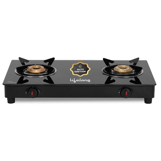 Lifelong 2 Burner Gas Stove Top for Kitchen - Automatic Ignition Cooktop Modern Glass Stove for Modular Kitchen