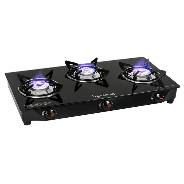 Lifelong 3 Burner Gas Stove Top for Kitchen - Manual Ignition Cooktop Modern Glass Stove for Modular Kitchen