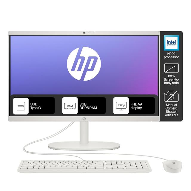 HP All-in-One Intel N200 (8GB DDR5, 512GB SSD) 21.45'' (54.5 Cm), FHD, Win11, White, 4.17 Kg, Intel UHD Graphics, 720P HD Camera W/Privacy Shutter, Dual Speakers, Dg0154In