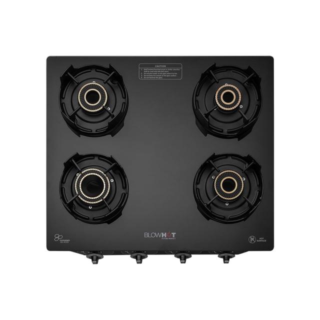 BLOWHOT Premium Design Tornado Brass 4 Burner Auto Ignition Gas Stove - Toughened Glass Cook Top Burner