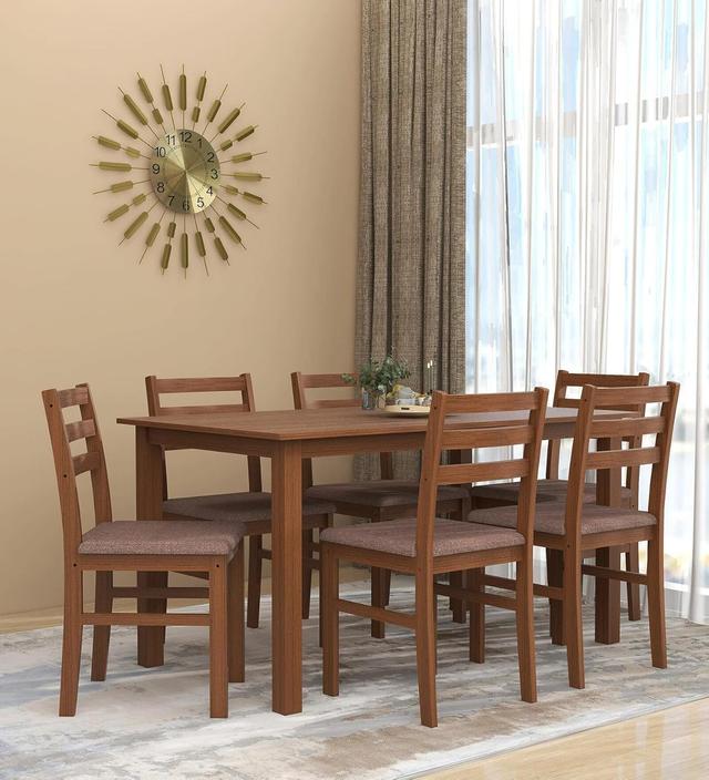 Pepperfry Sheesham Wood 6 Seater Dining Table with Cushion Chairs Wooden Dining Table Set for Living Room Home Dining Room Furniture Dinner Table Set