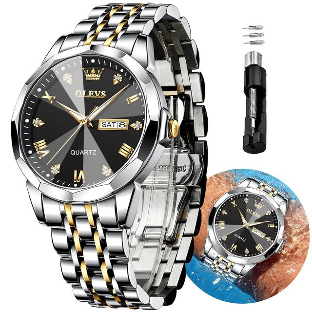 OLEVS Original Men's Diamond Watch Analog Quartz Stainless Steel Calendar Business Dress Watch with Luminous Waterproof Casual Wristwatch