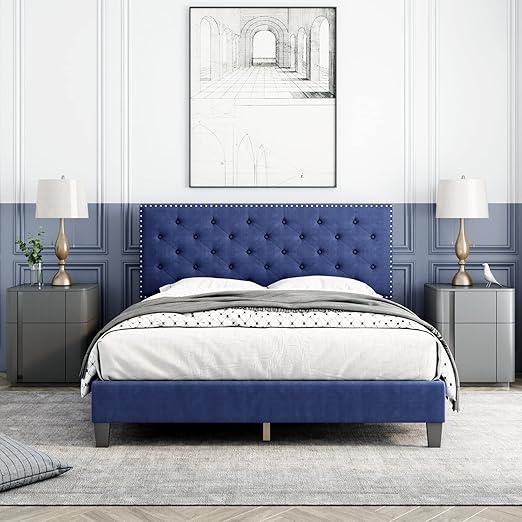 Lemon Tree Furniture Upholstered Platform Low Profile Queen Size Bed without Mattress for Bedroom