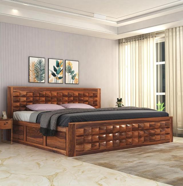 SONA ART & CRAFTS Diamond Solid Sheesham Wood King Size Bed with Storage Box + 2 Side Tables