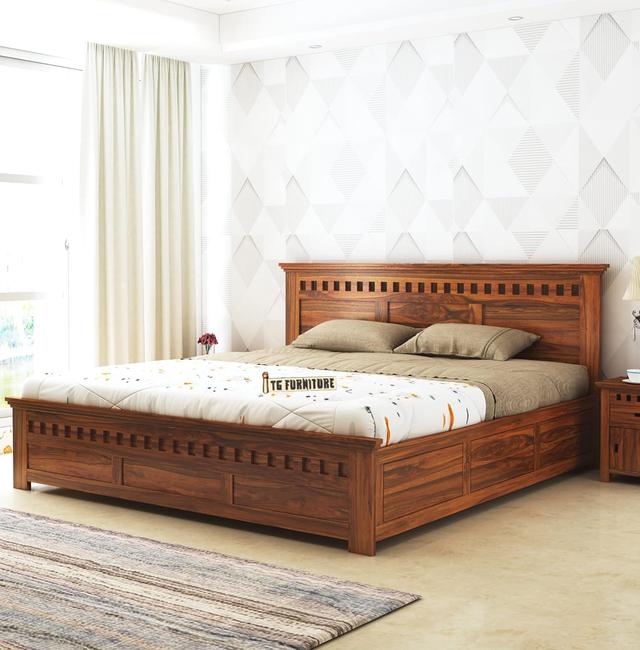 TG Furniture Solid Sheesham Wood King Size Bed with Box Storage for Bedroom Living Room Home Wooden Palang King size Double Box Bed