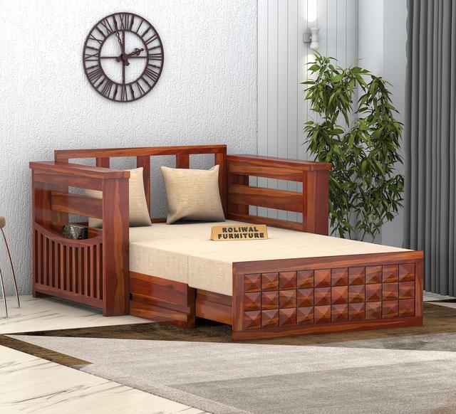 Roliwal Furniture Solid Sheesham Wooden Sofa Cums Bed With Mattresses For Living Room